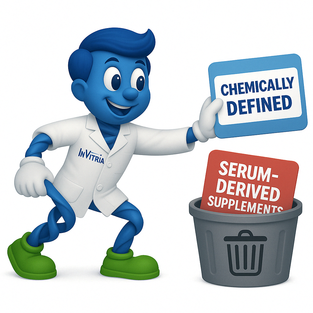 Mascot putting serum derived in trash
